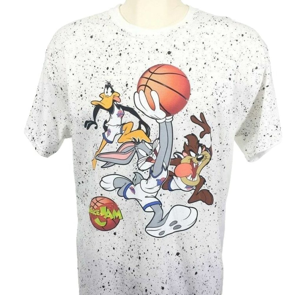 Space Jam T Shirt‎ L White Paint Splatter Bugs Daffy Taz Hip Hop Basketball Mens